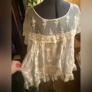 Johnny Was Love Cream Sheer Embroidered Blouse